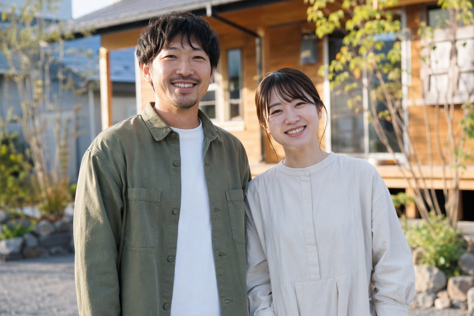 新築の木の家の前に立つ若い家族