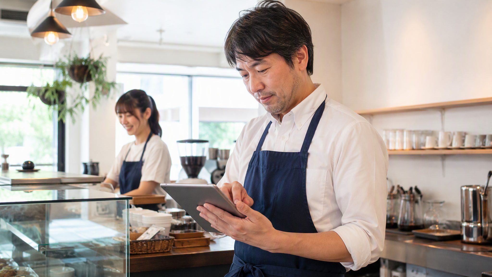 タブレットでシフトを確認する店長